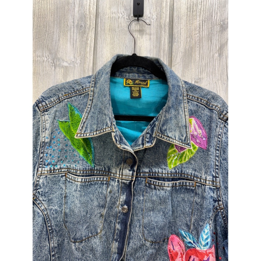 Mirasol Woman Acid Wash Denim Jacket Floral Embroidered Sequin LDMJ0006 Blue 2X - Picture 6 of 16
